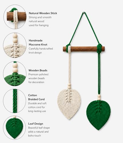 Image of AdFashionble Boho Macrame Wall Hanging Leaf Decor for Home, Living Room & Bedroom | Cotton Thread Art with Wooden Rod | Minimalist Handmade Wall Decoration | Aesthetic Nordic Wall Art for Home, Office & Gift Purpose Lenght- 58 cm Width- 15 cm (DARKGREEN & OFFWHITE)
