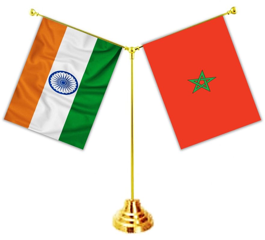 MOROCCO & INDIA Miniature Flags - Shining & Bright Cotton Cloth with Y-Shape Classy Brass Base Table Stand-picture-53