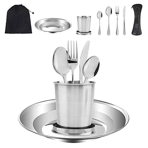 6 in 1 Camping Cutlery Set, Stainless Steel Utensils Set with Portable Pouch, Plate Cup Spoon Fork Knife Tableware Kit for Outdoor Hiking and Picnic and Indoor Use