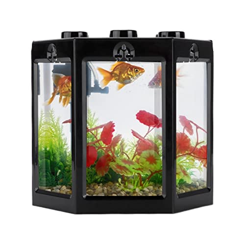 Zerodis Betta Aquarium Starter Kits, Small Aquarium Fish No Clean Corners Crystal-Clear for Fish-Loving Kids Betta Lovers for Home Office Decoration(Black)