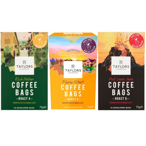 Coffee Bundle with Taylors of Harrogate Coffee Bags Pack 30 Sachets (3 Pack Bundle Rich Italian, Hot Java Lava, Flying Start)