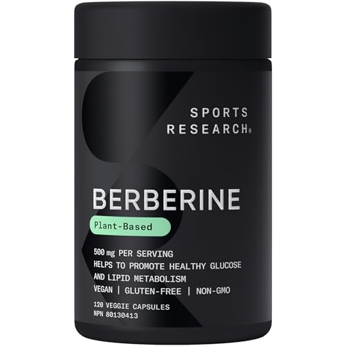 Sports Research Berberine - Herbal Ayurvedic Metabolic Health Support - 500mg - 120 capsules - Vegan Certified, Gluten-Free, Non-GMO