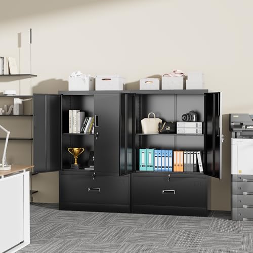 Image of INTERGREAT Metal Storage Cabinet with Drawer,52 inch H*32 inch W*16 inch D File Cabinets,Steel Locking Storage Cabinet with Doors and Shelves for Home,Office,Garage,School,Fit A4 /Letter /Legal File (Black)