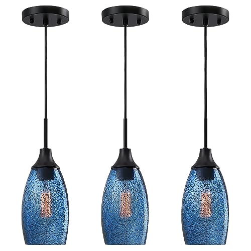 Viinew Mini Glass Pendant Light,4.72' Dark Blue Glass Hanging Light 3-Pack Handblown Clear Blue...