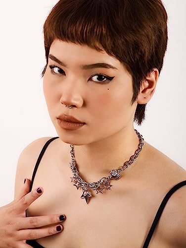 OJERRY Silver Star Pendant Chunky Choker Necklace, Star Punk Y2K Rave Outfit Jewelry Accessories Necklaces for Women2
