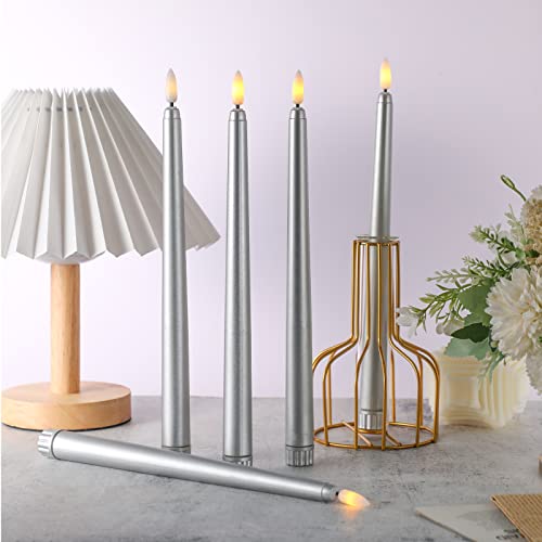Image of Macarrie 24 Packs Flameless Taper Candles Battery Operated Fake 11 Inch Long Candlelight LED Flameless Candlesticks Flickering Tapered for Summer Fall Wedding(Silver)