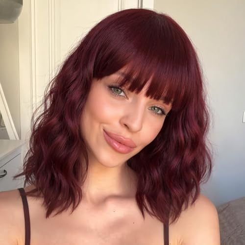 Image of Nnzes Bob Curly Wig Synthetic Short Wine Red Wig with Bangs Natural Looking Heat Resistant Fiber Hair for Women