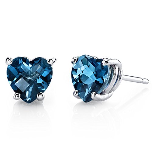 Peora Solid 14K White Gold London Blue Topaz Heart Stud Earrings for Women, Genuine Gemstone Solitaire Studs, 6mm, 2 Carats total, Friction Back, December Birthstone Earrings, Gold Studs