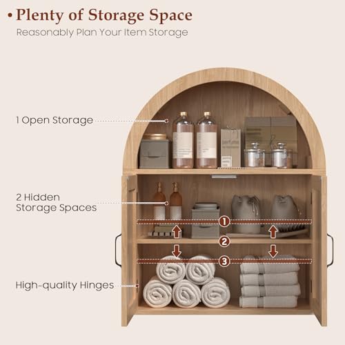 Image of Halitaa Arched Bathroom Wall Cabinet, Farmhouse Medicine Cabinet with Barn Door and with Adjustable Shelf, 23.6 x 28.7'' Wooden Storage Cabinet Wall Mounted for Bathroom Laundry Room Kitchen, Natural