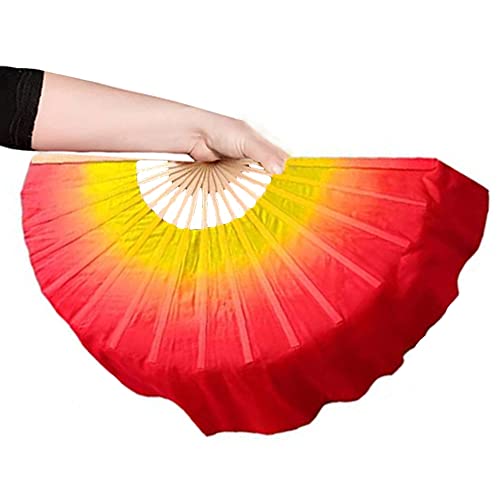 TMZAQH Women 40cm(15.7") 1 Piece Right Hand Real Silk Belly Dance Short Fan Veils Gradient Color (Yelloe Red)