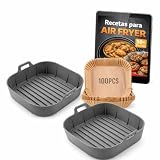 FRYGARRA Moldes Air Fryer 6L 7L Sin Limpiar la Cesta | Pack 100 Papel Desechable + 2 Silicona Reutilizable + 80 Recetas en Vídeo Incluidas