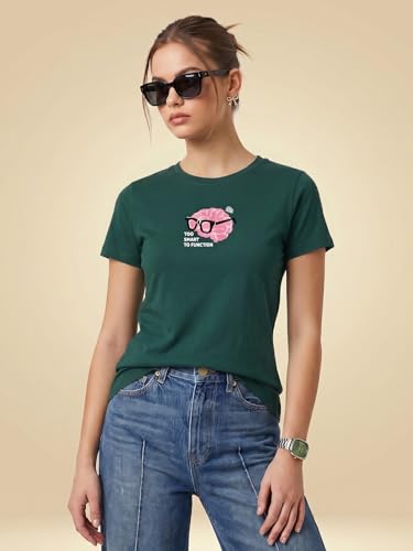 Image of JUNEBERRY Women's Regular Fit Printed Tee - 100% Pure Cotton, Round Neck, Half Sleeve Graphic T-Shirt for Daily Use (Colors: Red, Brown, Green & Future Dusk)