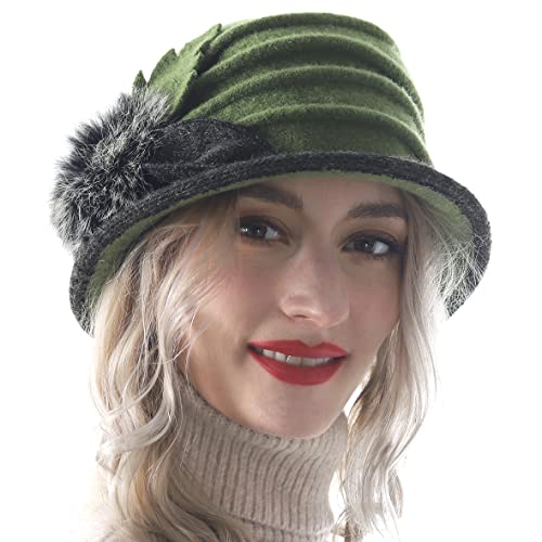 Vecry F-C020-GREEN Women'S Wool Dress Church Cloche Hat Bucket Winter Floral Hat thumb #2