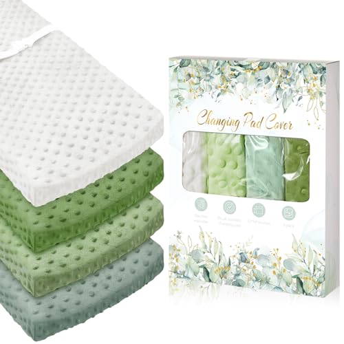 Image of Peryiter 4 Pcs Changing Pad Cover 16 x 32 Inch Ultra Soft Dots Plush Changing Table Covers for Baby Girls and Boys(Green Series Colors,Leaf)