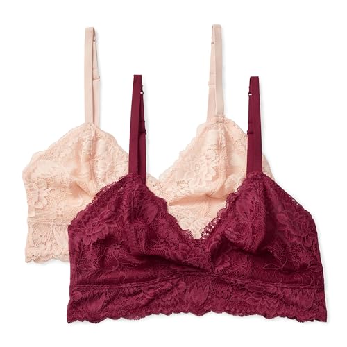 Amazon Essentials Women's Stretch Galloon Lace Unlined Triangle Bra, Wireless, Pack of 2, Soft Petal / Burgundy, X-Large - image 1