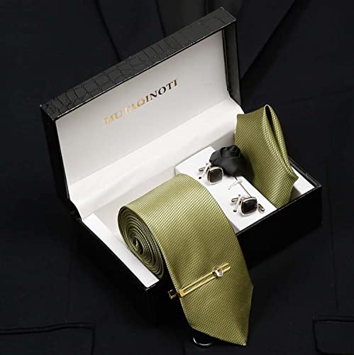 Image of MUTAQINOTI Mens Woven Premium Silk Necktie Suit Accessories Set With Pocket Square Cufflinks Brooch Golden Tie Pin (TEGP2)