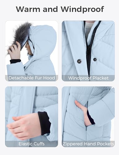 Image of wantdo Girls Winter Coats Long Puffer Jackets Fleece Lined Removable Hood | Detachable Faux Fur, 5000mm Waterproof, Zippered Pockets, Machine Washable