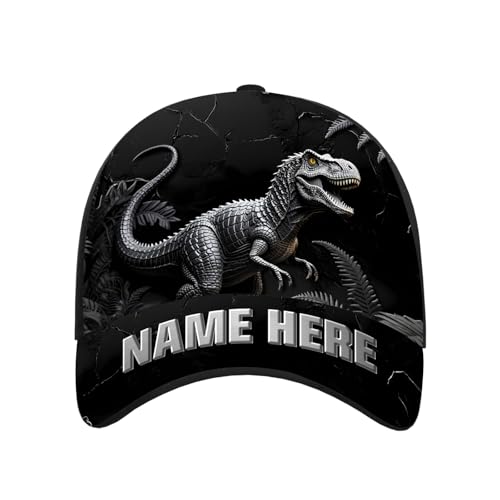 Personalized Name Dinosaur Baseball Cap for Travel Birthday Hiking Custom Adjustable Size Flat Print Dinosaur Baseball Cap for Kids Adult Funny Animal Themed Party Hat Youth Trucker Hat