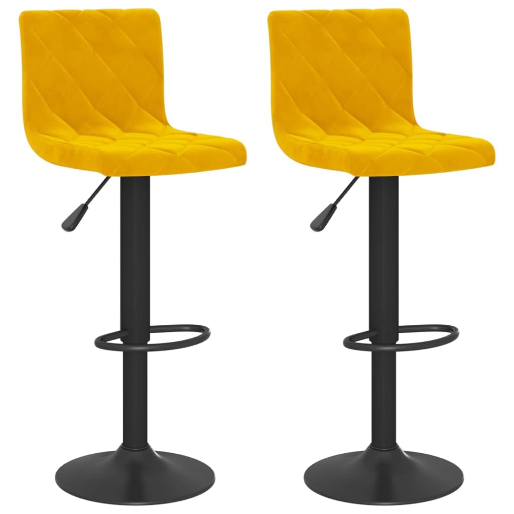 Juego de 2 taburetes de bar de terciopelo amarillo mostaza, altura regulable, 90-111 cm, con respaldo, taburete giratorio 360°, estructura de acero negro y reposapiés para mostrador de cocina