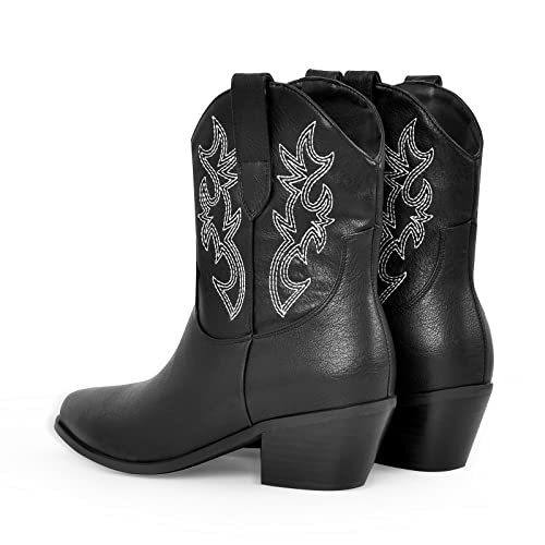 richealnini Women's Cowboy Boots Pull On Stacked Heeled Booties3