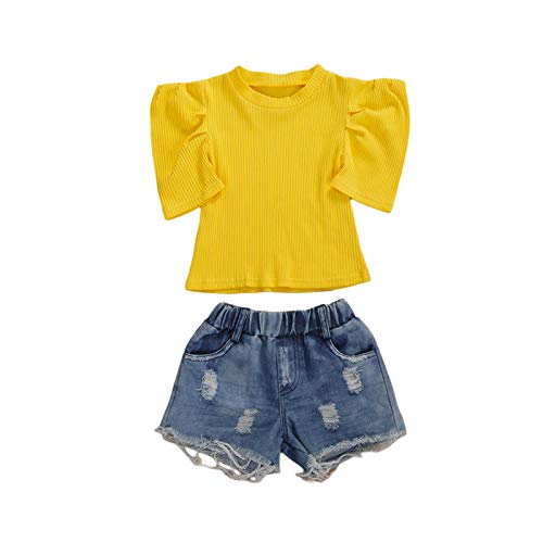 Baby Girls ' Denim Shorts 2PCS Outfit Short Sleeve Solid Tops Denim Ripped Shorts Toddler Girls Summer Clothes Set