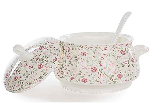 HXSCOO 9 inch, plain white bone china tureen with lid, cute 3D water design, buffet dinner serving bowl, soup containers thermos soup