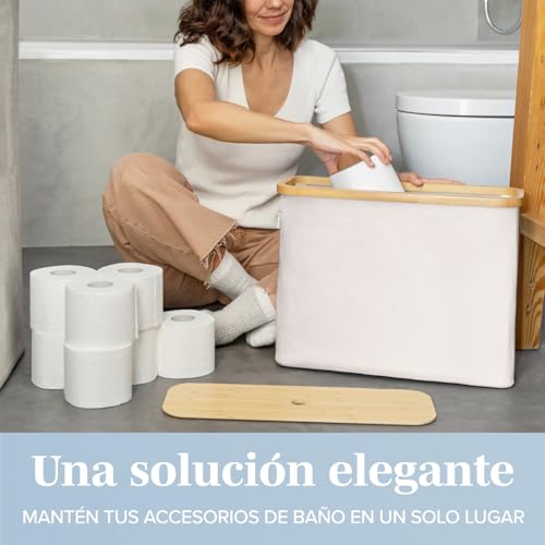 Miniatura 4 de Lonbet Para 12 Rollos Almacenaje Papel Higienico Con Tapa De Bambú - Almacenamiento Baño Plegable E Impermeable - Diseño Elegante Y Apilable Con Montaje Rápido - Toilet Paper Storage, Beige
