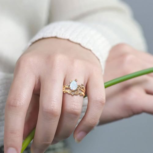 10k/14k/18k Solid Gold 1.5CT Pear Gemstone Vintage Bridal Ring Set for Women Nature Inspired Leaf Vine Art Deco Birthstone Rings Sets Anniversary Engagement Jewelry Gifts for Her Wife Size 4~123