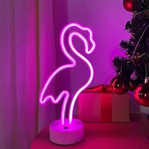 Flamant rose néon avec base de support – Lampe néon rose – Fonctionne avec piles/USB – Pour chambre à coucher – Décoration de fête pour bar et Noël