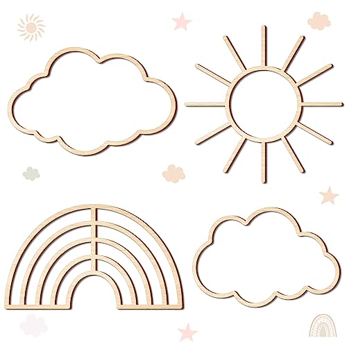 Image of 4 Pieces Boho Nursery Cloud Star Wall Decor Wooden Babyroom Moon Rattan Wall Decor Wooden Rainbow for Children Baby Kids Boys Girls Bedroom Nursery Pendant(Cloud Rainbow Sun)