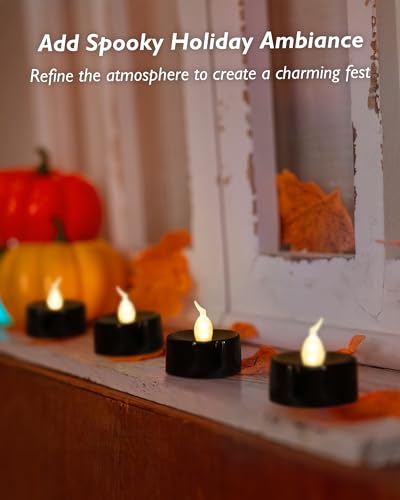 Image of merrynights Black Candles, 24 Pack Tea Lights Candles Battery Operated, LED Tealight Candle, Flameless Votive Candle for Fall Holiday Decor, Theme Party -1.4 inch D X 1.3 inch H
