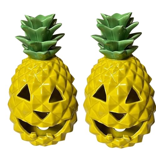 Halloween Pineapple Pumpkin Light Decoration Yellow Resin Pineapple Lantern Halloween 𝙋𝙞𝙣𝙚𝙖𝙥𝙥𝙡𝙚 Pumpkin Night Light for Bedroom Living Room Table Courtyard Party Decoration (2 PCS)