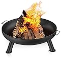 Fire Pit Outdoor Wood Burning Fire Bowl 28in with A Drain Hole Fireplace Extra Deep Large Round Cast Iron Outside Backyard Deck Camping Beach Heavy Duty Metal Grate Rustproof Black