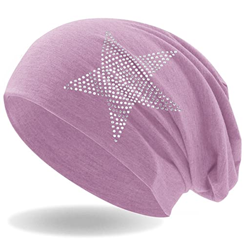Hatstar Strass Stern Damen Beanie Mütze | elastisches Slouch Long Beanie | Mädchen Mütze | mit edler Strass Applikation | leicht und weich (alt rosa)