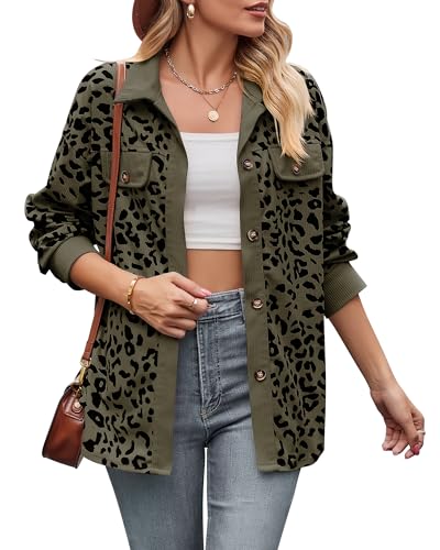 Shackets for Women 2024 Corduroy Leopard Jacket Button Down Long Sleeve Blouses Lightweight Fall Jacket Casual Coat