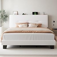 FEONASE 6ft Super king Bed Frame with Charging Station, Velvet Upholstered Platform kingsize Bed Frame with Storage Headboard, Sturdy Wooden Slat Support, Noise Free, Easy Assembly, Beige