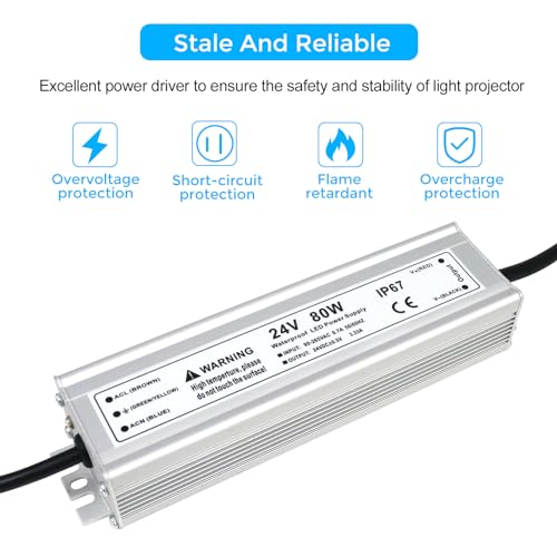 Image of 24V LED Power Supply, 3.3A 80W LED Driver Waterproof IP67, 90-265V AC to 24V DC Power Supply Converter, Low Voltage Transformer for LED Lights Indoor Outdoor Use