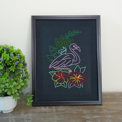 Image of picknMAKE Hand Cross Stitch Embroidery Kits for Beginners Adults with Cloth Fabric, Framed Pattern of Flamingo on Black Fabric to do Embroidery with Instruction and All Material Included