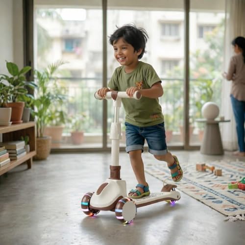 Image of Premium Kids Skate Cycle Scooter | 3 Wheel Foldable Toddler Scooter |4-Level Adjustable Handlebar Height | PU Flashing LED Wheels | Kids Scooter for Boys & Girls Ages 3-12 (KS-267 Brown)