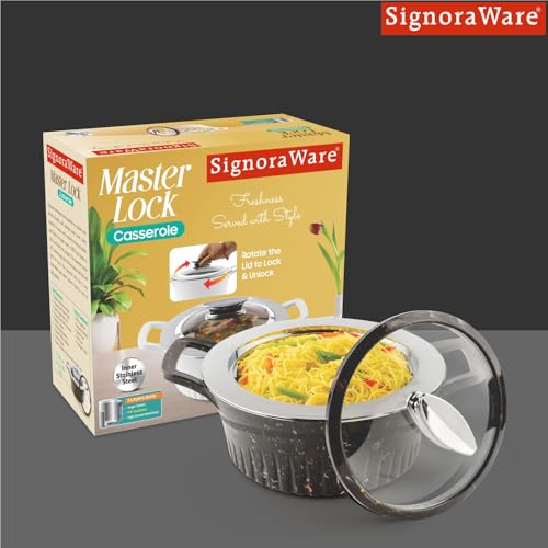 Image of SignoraWare Master Lock BPA Free Plastic Casserole | Inner Stainless Steel With Borosilicate Glass Lid | Perfect for Home, Kitchen & Gifting | Ideal for Storing & Serving Hot Meals (2 Ltr | Black)
