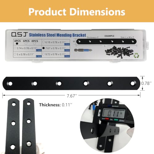 QSJ 4 Pack Black Straight Bracket Mending Plate for Wood Stainless Steel Straight Brackets 195mm / 7.7\" Wood Brace for Wood Furniture Reinforcement