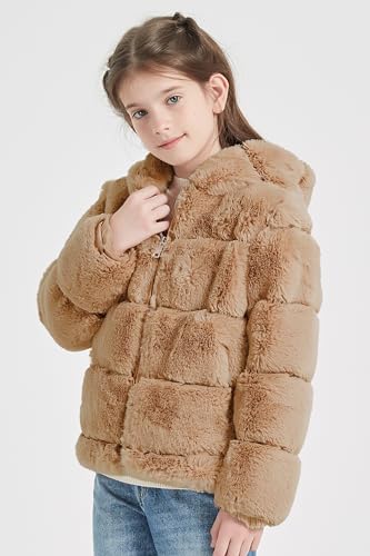 Image of Giolshon Girls Faux Fur Fleece Jacket Sherpa Fuzzy Hoodie Winter Coat with Full Zip Fluffy Outerwear 2169