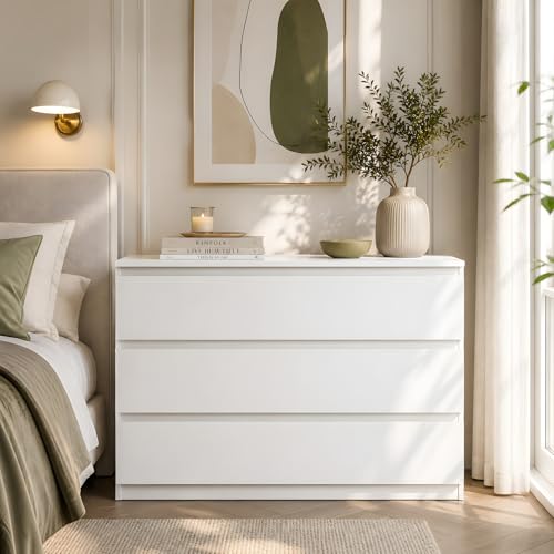 GOKHOMX Cómoda Blanca 100 cm Ancho, sin Tiradores Cajonera 3 Cajones, Moderno Aparador para Dormitorio y Salón, 40 cm Fondo, Almacenaje Mate