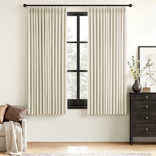 MIULEE Cream Pinch Pleated 100% Blackout Linen Curtains 40x63 Inches