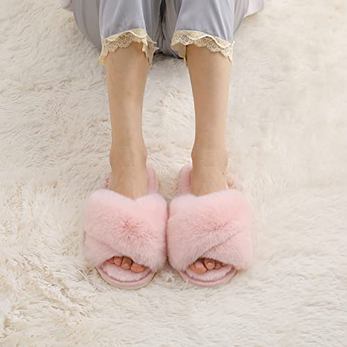 Evshine Women's Fuzzy Slippers Cross Band Memory Foam House Slippers Open Toe, Pink, 7-8 #TOP6