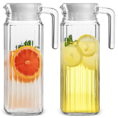 Glass Pitcher, Yeelua 1L Water Pitcher with Lid and Handle, 2pcs Water Jugs, Spill-Free Spout, Fridge Door Jug for Milk Juice Tea Lemonade