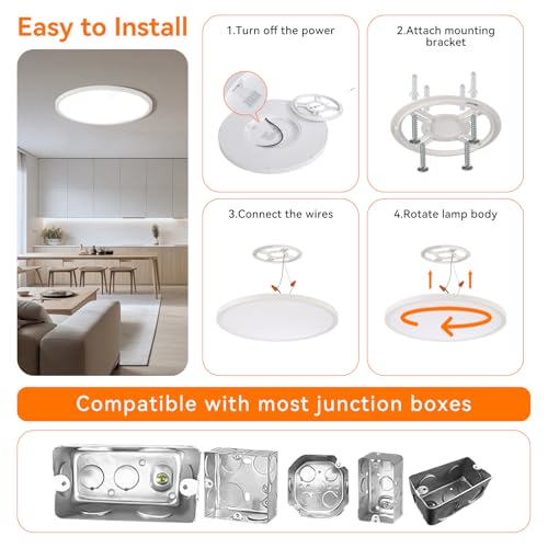 Huguzili 6PK 12inch LED Flush Mount Ceiling Light,24W,2640LM,2700K/3000K/4000K/5000K/6500K CCT Selectable,Super Slim Low Profile LED Ceiling Light for Bedroom,Kitchen,Hallway,Living Room by Huguzili - Used condition - Image 9