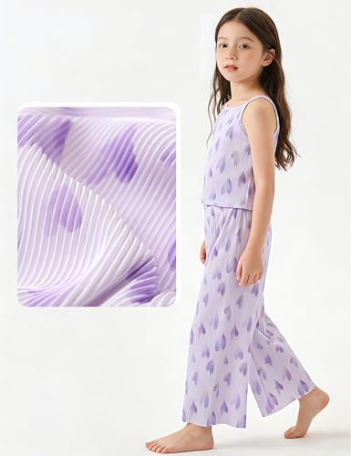 Image of Kiench Girls Wide Leg Palazzo Pants Pleated Silky Flowy Trousers Cute Print