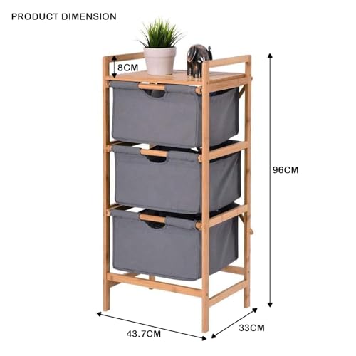 Image of Lukzer 3 Layer Vertical Bamboo Storage Shelf with Removable Fabric Drawers, Multipurpose Tall Organizer for Bathroom, Bedroom, Laundry, Living Room & Office, Space-Saving Wooden Rack, Grey (CH-011)