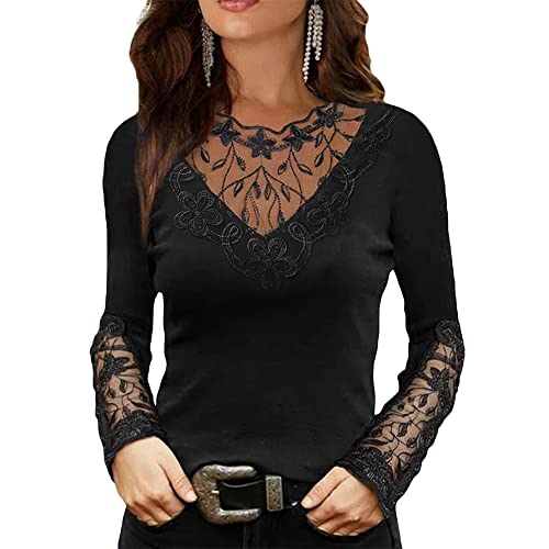 Women's Floral Lace Hollow Out Long Sleeve Blouse Shirt Sexy V Neck Dressy Tops for Women